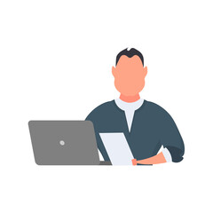 Businessman works at a laptop. A man in a jacket. Isolated. Vector.