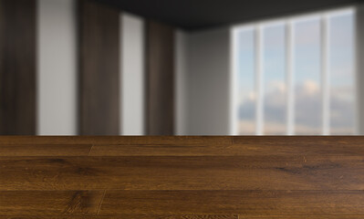 blurred interior on a wooden table background.Large interior in an office building. modern design. 3D rendering.