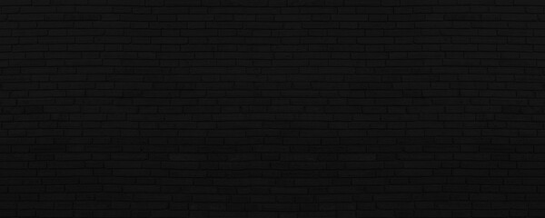 Naklejka na ściany i meble Abstract Black Brick Wall Texture Background. Weathered Brickwork Design Backdrop. Wide Panorama Picture.