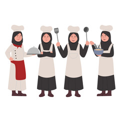 Set Character Design of Little Hijab Girl Chef Cute Cartoon