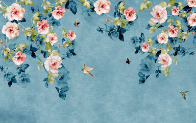 Fototapety  Rysowane różowe róże na niebiesko-zielonym teksturowanym tle, latające ptaki i motyle