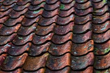 Close-up of weathered old clay roof tiles in red or orange colors.