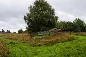 landscape with rustic wooden houses of a very old construction against the background of a gray northern sky