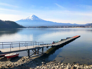 Beautiful view of  Mountain Fuji and Lake Kawaguchiko in Japan