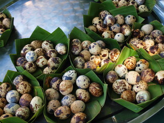 Quail eggs are boiled in a banana leaf bowl. Protein food sources are obtained from bird farms and...