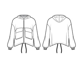 Zip-up hooded paneled track jacket technical fashion illustration with utility flap pockets, oversized, long sleeves, drawcord hem. Flat coat template front, back white color. Women men unisex top CAD © Vectoressa