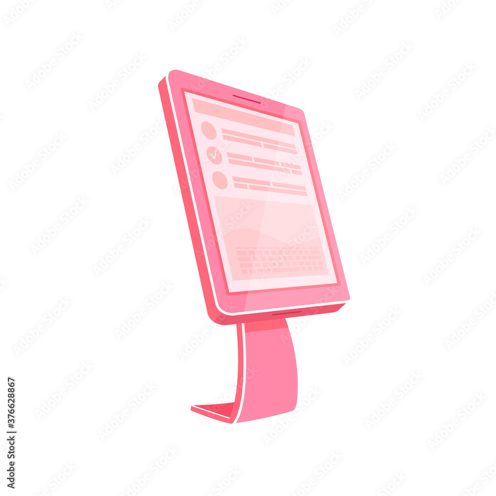 Poster pink self service kiosk flat color vector object. touch screen panel. invoice checkout from bank sta