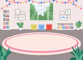 Children room flat color vector illustration. Playroom. Nursery-school. Kindergarten. Recreation, rumpus room. 2D cartoon interior with toys, bookshelves, pink carpet and big window on background - obrazy, fototapety, plakaty