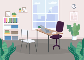Workplace design flat color vector illustration. Interview room. Study, parlor. Work-bench. Office. 2D cartoon interior with window, shelves and drawers, writing desk on background