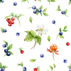 Watercolor illustration. Seamless pattern of bright berries. Blueberries, cranberries and cloudberries on a white background.