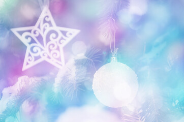 Christmas decoration with snow on winter nature background