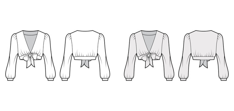 Tie-front cropped shirt technical fashion illustration with voluminous long sleeves, plunging neckline. Flat blouse apparel template front, back, white, grey color. Women, men, unisex top CAD mockup. 