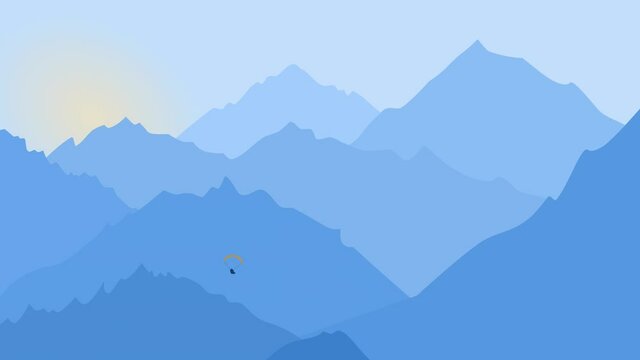 Paraglider in the morning mountains, blue graphic design. Motion animated illustration for freedom and travel concept for web site illustration