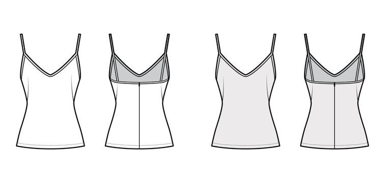 Camisole slip top technical fashion illustration with sweetheart neck, thin straps, slim fit, back zip fastening. Flat outwear tank template front, back, white, grey color. Women men unisex CAD mockup