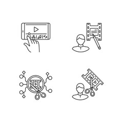 Movie making linear icons set. Mobile phone editing. Film making software on smartphone. Customizable thin line contour symbols. Isolated vector outline illustrations. Editable stroke