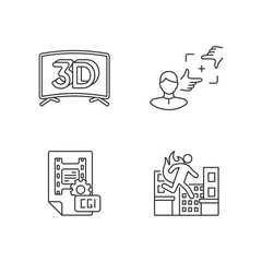 Film production linear icons set. 3D television. CGI for animation. Professional stuntman. Customizable thin line contour symbols. Isolated vector outline illustrations. Editable stroke