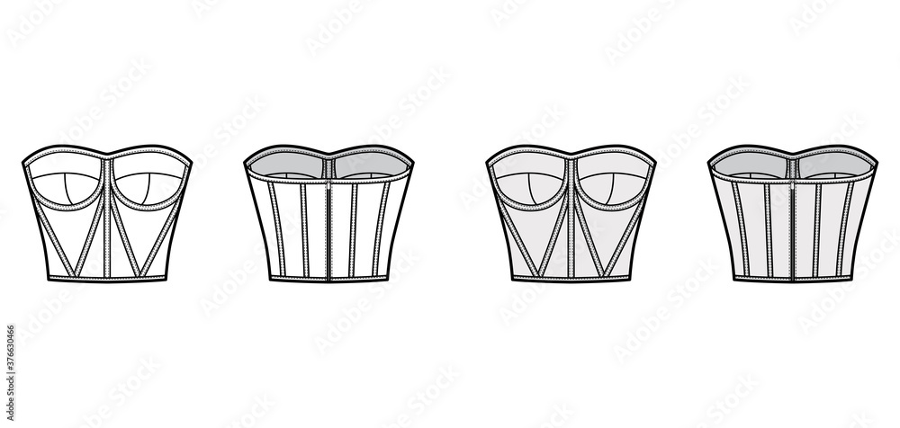 Canvas Prints corset-style bustier top technical fashion illustration with molded cups, close fit, back zip fasten