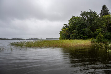 landscape with rustic wooden houses of a very old construction against the background of a gray northern sky