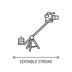 Camera crane linear icon. Shoot reportage in studio. Professional television shooting. Thin line customizable illustration. Contour symbol. Vector isolated outline drawing. Editable stroke