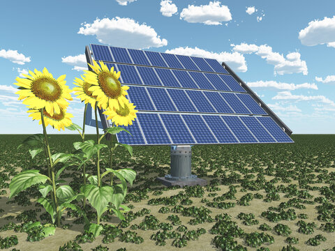 Solaranlage mit Sonnenblumen in einer Landschaft