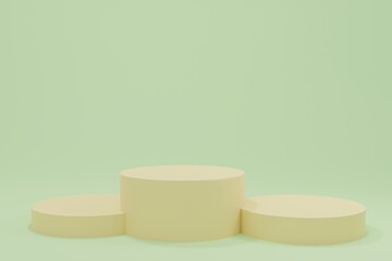 Cylinder podiums on green background. Abstract minimal scene with geometrical. Scene to show cosmetic products presentation. Mock up design empty space. Showcase, shopfront, display case. 3d render.