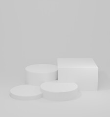Cylinder podiums on white background. Abstract minimal scene with geometrical. Scene to show cosmetic products presentation. Mock up design empty space. Showcase, shopfront, display case. 3d render.