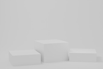 Step cube podiums white background. Abstract minimal scene with geometrical. Scene to show cosmetic products presentation. Mock up design empty space. Showcase, shopfront, display case. 3d render.