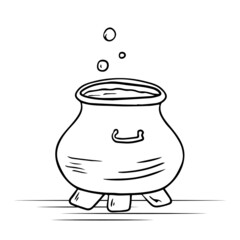 Vector doodle illustration. The witch's cauldron with potion. Halloween decoration.