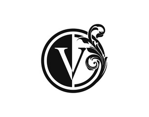 Royal Circle V Letter Floral Logo. Luxury V Swirl Logo Icon.