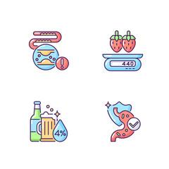 Foodstuff RGB color icons set. Cholesterol in blood disease. Serving information. Strawberry on scales. Calorie in food. Alcohol and spirit. Probiotic for gut. Isolated vector illustrations