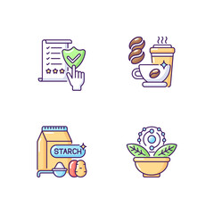 Diet RGB color icons set. Regulatory compliance. Caffeine in drinks. Starch in food. Antioxidant for dietary. Healthy eating. Quality foodstuff. Cooking ingredient. Isolated vector illustrations