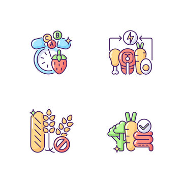 Food groups RGB color icons set. Vitamin and mineral. Dietary supplement. Energy value in food. Gluten free. No wheat. Fibre for gut health. Digestion and intestine. Isolated vector illustrations