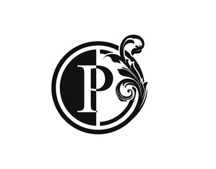 Royal Circle P Letter Floral Logo. Luxury P Swirl Logo Icon.