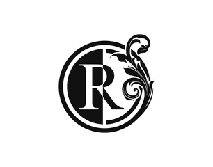 Royal Circle R Letter Floral Logo. Luxury R Swirl Logo Icon.