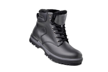 Winter male black leather boot on a white background, hiking shoes, practical off-road shoes, close-up
