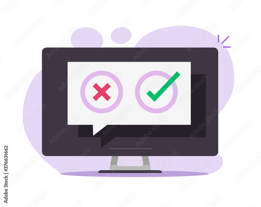 Poster poll vote digital quiz online message chat bubble on desktop computer pc vector, questionnaire surve