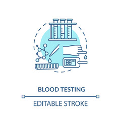 Blood testing concept icon. Clinical research, chemical analysis. Biochemistry, biotechnology idea thin line illustration. Vector isolated outline RGB color drawing. Editable stroke