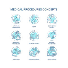 Medical procedures concept icons set. Professional healthcare services. Diseases diagnostics and treatment idea thin line RGB color illustrations. Vector isolated outline drawings. Editable stroke