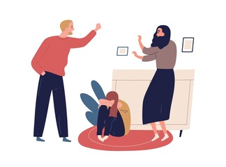 Distraught and furious husband yell and threaten mother and crying child. Domestic violence, abusive relationships, harassment in family. Flat vector cartoon illustration isolated on white
