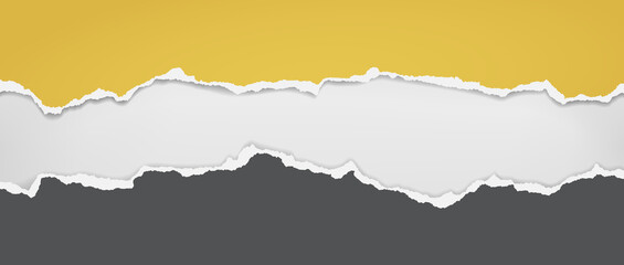 Torn, ripped dark grey and yellow paper with soft shadow are on white background for text. Vector illustration