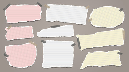Set of torn white and colorful note, notebook paper pieces stuck with sticky tape on dark background. Vector illustration