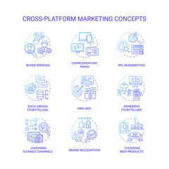 Cross-platform marketing concept icons set. Brand building. Advertising idea thin line RGB color illustrations. Complementary media. Storytelling content marketing. Vector isolated outline drawings
