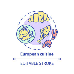 European cuisine concept icon. Famous meal from europe. Traditional ethnic menu. Delicious national food idea thin line illustration. Vector isolated outline RGB color drawing. Editable stroke