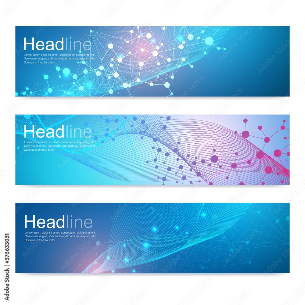 Poster scientific set of modern vector banners. dna molecule structure with connected lines and dots. scien
