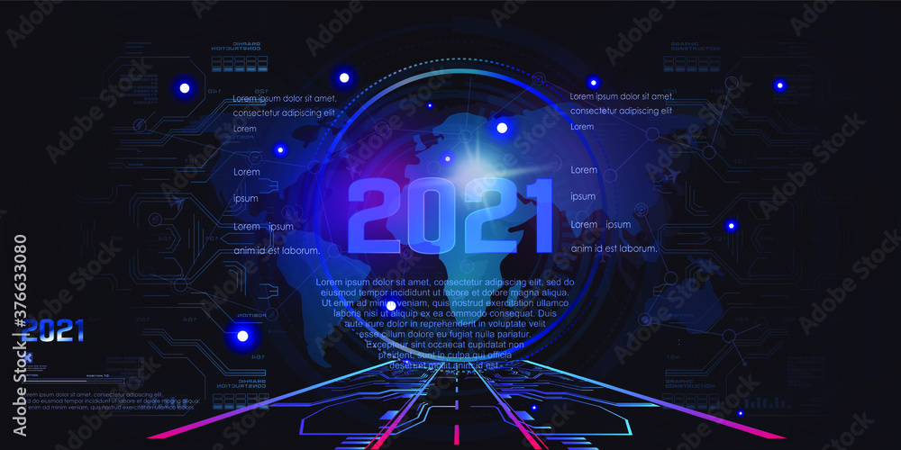 Poster hud styled concept banner for 2021. modern techno background with holographic numbers 2021. virtual 