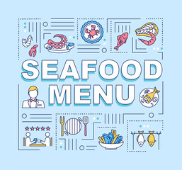 Naklejka premium Seafood menu word concepts banner. Fish, crab, lobster, shrimps, mussels. Infographics with linear icons on blue background. Isolated typography. Vector outline RGB color illustration