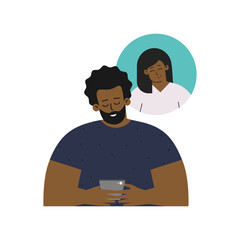 Vector isolated flat illustration. Cartoon happy african american man sends sms on phone to his girlfriend. Online dating by mobile app. Romantic relationship and distance love. Guy misses his lady