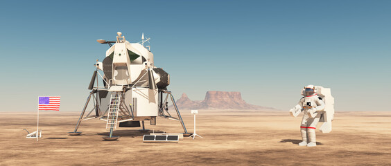 Mondlandefähre und Astronaut in einer Wüstenlandschaft © Michael Rosskothen