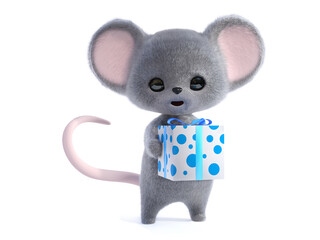 3D rendering of a cute smiling mouse holding gift.