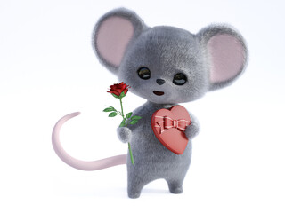 3D rendering of a cute smiling mouse being romantic.